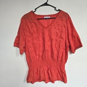 Studio West Short Sleeve Top Embroidery & Cinched Waist Salmon XL